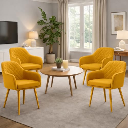 Image of Barfi Velvet Dining Chair | Set of 2 Premium Accent Chair with Armrest, Padded Seat and Metal Legs | Comfy Chair for Home, Office & Restaurents | (Yellow Set of 4)
