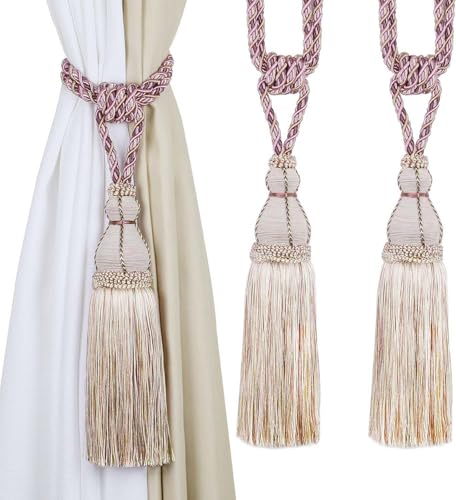 BEL AVENIR 2 Pack Tassel Curtain Tiebacks Holdback Large Handmade Drapery Tie-Backs Rope Home Office Hotel Elegant Decorative (Pink with Purple)