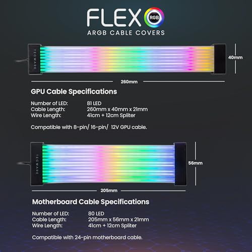 Image of TECWARE Flex RGB Cable Cover Kit | Compatible with 24-Pin Motherboard and 8-Pin /16-Pin GPU | ARGB PSU Cable Extension with 5V 3-Pin Sync | RGB Lighting Kit for PC Cables | Black