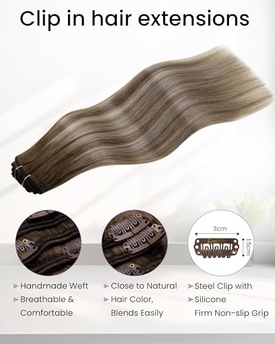 Image of LaaVoo Clip In Hair Extensions Real Human Hair, For Volume, 18 Inch | Light Brown Transition To Pale Blonde Balayage, 120g 7pcs, Extensions For Women Real Hair, Smooth, Natural Shine