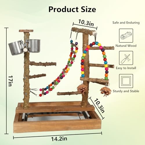 Image of Wooden Bird Play Stand Parrots Playground Perch Stand with Bird Ladder Chewing Toys and 2 Stainless Steel Cups (Brown)