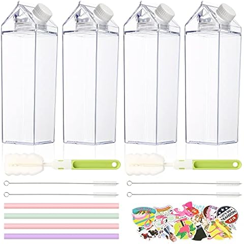 Fansisco 4 Pack Milk Carton Water Bottles, 17oz Square Water Bottle with 4 Silicone Straws & 4 Cleaning Brushe 2 Cup Brushe and 40 Cute Stickers for Outdoor Sports Travel Camping(500 ml) Cover