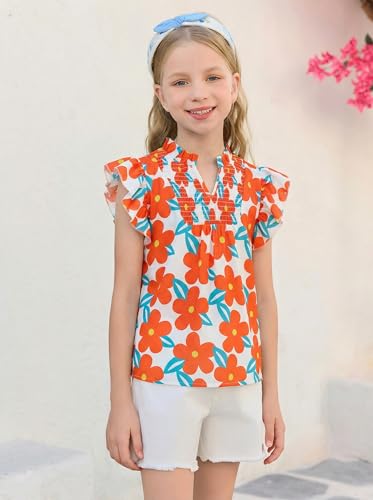 Image of Haloumoning Girls Ruffle Short Sleeve Floral Chiffon Blouses Kids Summer Shirts Tops 5-14 Years