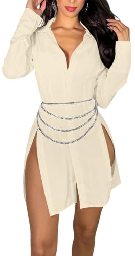 Image of Shirt Dress for Women Sexy Button Down Date Night Dresses Ruched Slit Stand Collar Long Sleeve Blouses