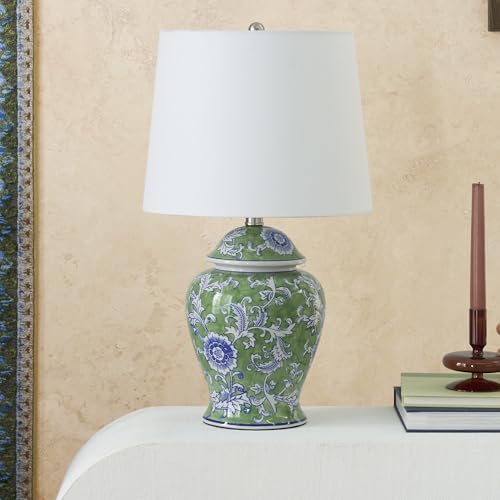 Nourison Home 24 Green & Blue Floral Ginger-Jar Ceramic Traditional Table Lamp for Living Room Bedroom Dining Room Reading