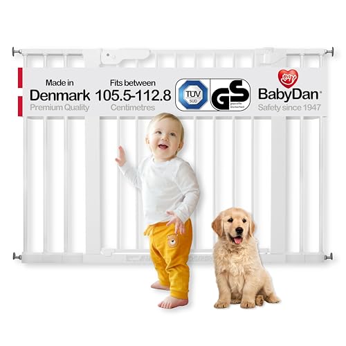 BabyDan Premier, Cancelletto per scale a pressione, 105,5-112,8 cm, Cancelletto per bambini, Metallo, Bianco, Made in Denmark - (Cancelletto per animali/cane)