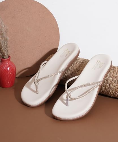 Image of JM LOOKS Elegant Embellished Shimmer Strap Flip Flops Comfortable Lightweight Daily Wear Flat Sandals For Women