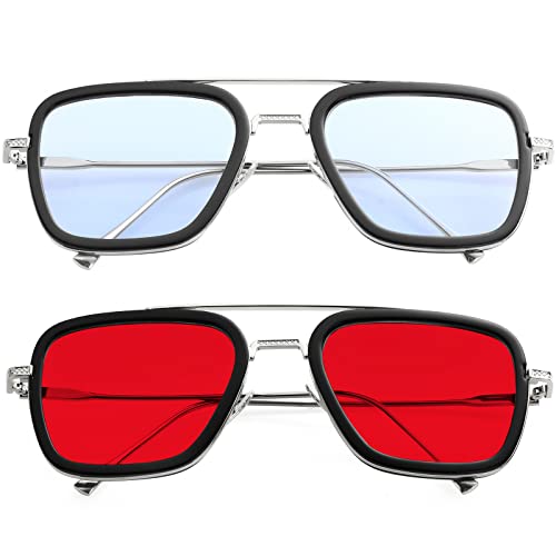 AIEYEZO Tony Stark Sunglasses Vintage Square Metal Frame Eyeglasses for Men Women - Iron Man and Edith Sun Glasses (Spider Man Same Color + Silver/Ocean Red)