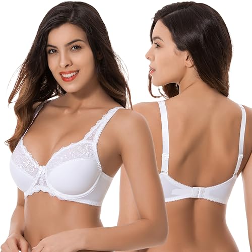 Image of Curve Muse Plus Size Minimizer Underwire Unlined Bra with Embroidery Lace-3Pack-Navy,White,Slate-40D