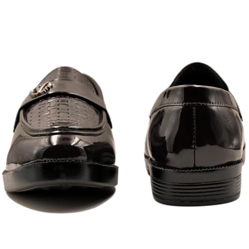 Image of Men's Glossy Loafers | Synthetic Leather | Formal Slip-On Shoes for Men | Woven Texture Patent Finish | Cushioned Comfort | Office, Party & Wedding | Black - Multicolour