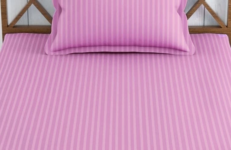 Image of Trance Home Linen 100% Cotton 72x36 inch Single Fitted 200TC Satin Stripe Elastic Fitted Bedsheet | Single Bed Size Daily use Fitted Bedspread with 1 Pillow Covers (72 inchx36 inch | 6x3 feet,Rose Pink)