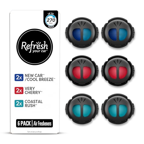 Image of Refresh Your Car Mini Diffuser Car Air Fresheners Variety Pack, New Car /Cool Breeze, Very Cherry, and Coastal Rush Scents, 6 Pack