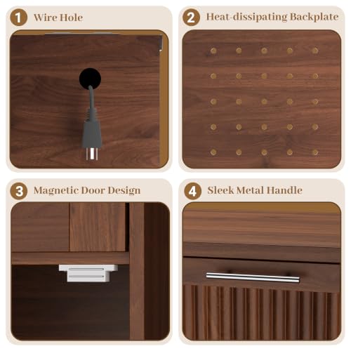 Image of 53 inch Long Fluted Mini Fridge Cabinet with Power Outlet & 2 Drawers, Walnut | Coffee Bar Cabinet with Fridge Space, Modern Wine, Snack Bar, Buffet Cabinet with Door Storage for Living Room, Kitchen, Home