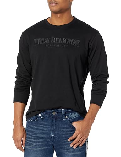 True Religion Men's Relaxed Satin Arch Ls Tee, Jet Black, Large
