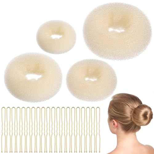 HJZHII 4 Stück Duttkissen Set Donut Hair Bun 20 U-Form Haarspangen Haarschmuck Knotenkissen U Form Haarnadeln Duttkissen Zubehör Donut Haark Hochsteckfrisuren für Kinder Mädchen Frauen(Beige)