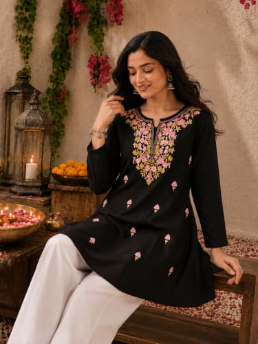 Image of QAZMI Women's Bahar Kashmiri Zari Resham Work Viscose Rayon Full Sleeves A-Line Short Kurti