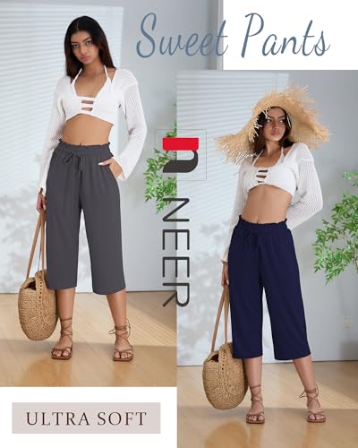 Neer 3 Pack Capri Pants for Women Cotton High Waisted Wide Leg Cropped Trousers Drawstring Ruffled Palazzo with Pockets2