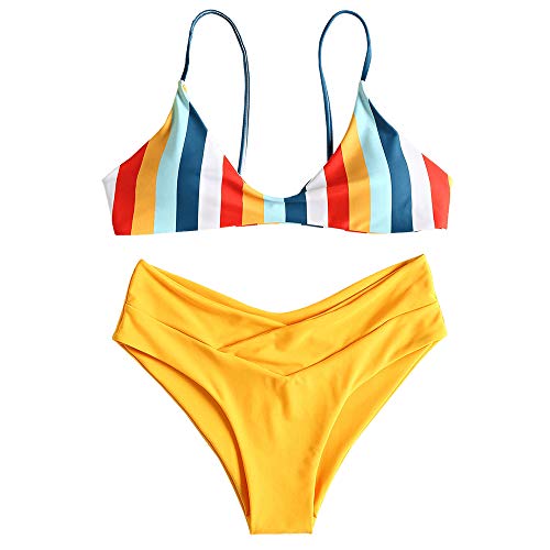 ZAFUL Set de Bikini de Rayas Multicolor Bralette sin Aros Mujer Verano 2019 (Amarillo, S)