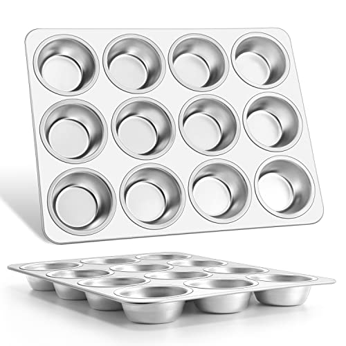 E-far Muffin Pan 12-Cup, Set of 2, Stainless Steel Cupcake Pan Metal Muffin Baking Tins for Oven, Regular Size & Easy Clean, Non-toxic & Dishwasher Safe by E-far - Used condition - US$25.65