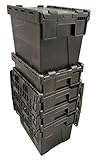 Loadhog Heavy Duty 100% Recycled Plastic 25 Litre Attached Lidded Container Storage Box Totes (L 400 x W 300 x H 305 mm) Black - Pack of 5