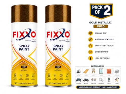 Image of Metallic Gold Spray Paint 400ml | Quick Dry Acrylic Aerosol Paint | Fast Drying, High Coverage Multipurpose Spray for Metal, Wood, Plastic, Wall, Furniture & DIY Projects, Pack of 2