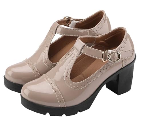 DADAWEN Women's Classic T-Strap Platform Mid-Heel Square Toe Oxfords Dress Shoes Apricot US Size 8