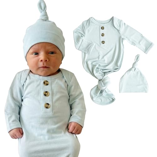 Image of Caden Lane Newborn Knotted Gown with Hat, Soft Bamboo Viscose Baby Sack, Unisex Infant Breathable Night gown