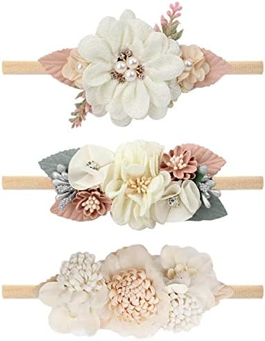 VOBOBE Baby Girl Nylon Headbands Infant Flower Elastic Hair Band Bows Wraps For Newborn Toddler Hair Accessories Pack of 3 (C-Beige)