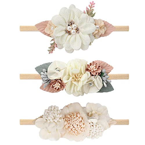 Vobobe Baby Girl Nylon Headbands Infant Flower Elastic Hair Band Bows Wraps For Newborn Toddler Hair Accessories Pack Of 3 (C-Beige) #TOP3