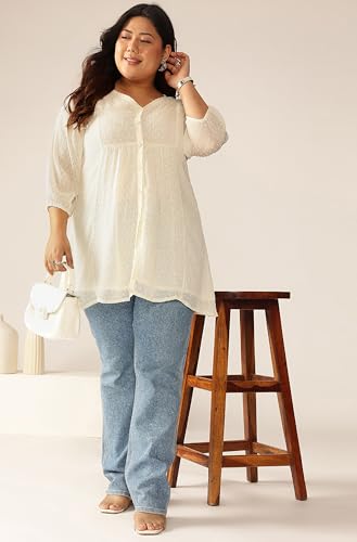 Image of Janasya Women's Plus Size Dobby Chiffon Self Design A-line Tunic