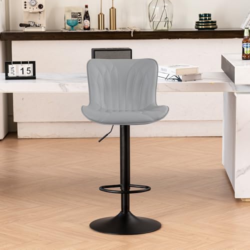 Image of Single Bar Stools Modern Kitchen Counter Bar Chairs Swivel Barstools Grey | Faux leather upholstered island chairs with backs & metal base. Adjustable Height, easy to clean & load 300 lbs