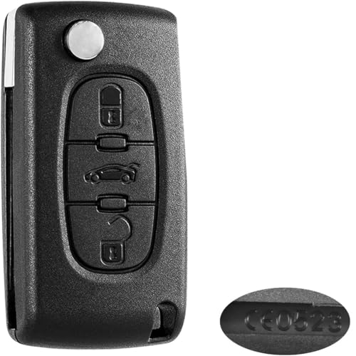 Carcasa Mando Llave De Coche 3 Botones Compatible con Citroën C2 C3 C4 C5 C6 C8 Picasso Xsara y Peugeot 207 307 407 408 - CE0523 - Botones de Abrir, Cerrar y Maletero, sin zócalo de Pila