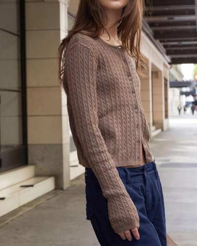 Image of Cioatin Women Cute Button Down Open Front Cable Knit Y2K Crop Sweater Cardigan Long Sleeve Pullover Fall Preppy Outfits 2025 Brown