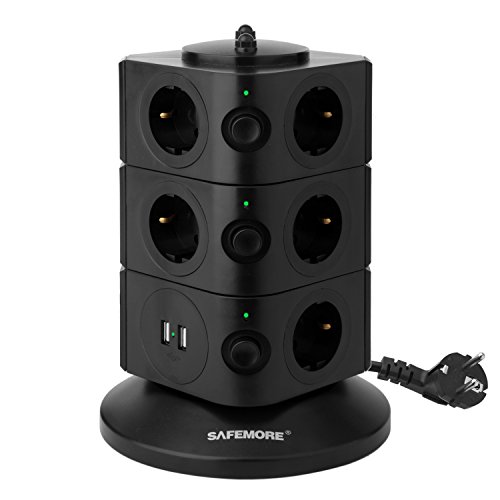 Mehrfachsteckdose 11 Fach Steckerleiste Überspannungsschutz Mehrfachsteckdose Verteilersteckdose mit 2 USB Blitzschutz Steckdosenturm mit 2 m Verlängerungskabel