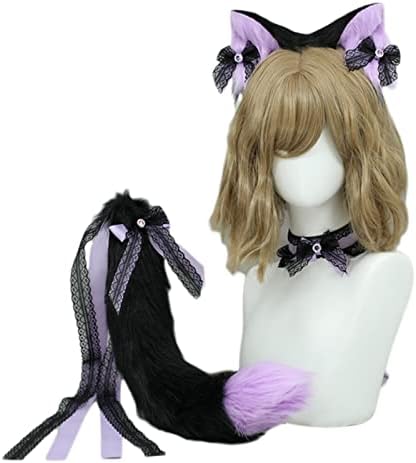 Vista 4 de Angela0123 - Diadema de encaje con orejas de bestia y cola de gato para cosplay orejas de bestia peludas