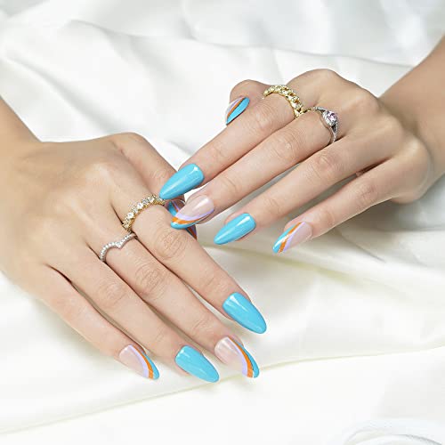 Almond Press On Nails Medium, 24Pcs Blue Ripples Acrylic Fake Nails Full Cover Natural, Shimmery False Nails With Designs, Glue On Nails For Women Girls #TOP1