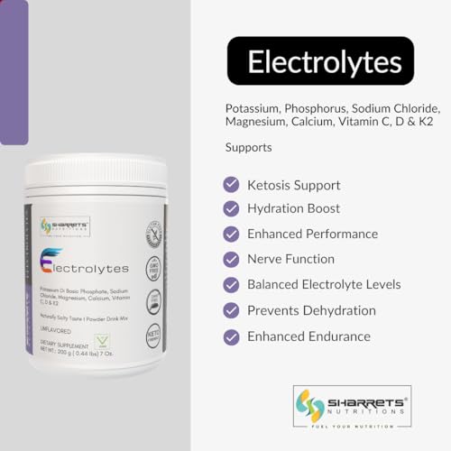 Image of Sharrets Electrolytes Powder 200g Unflavored - with Essential Minerals (K,P, Na,Cl, Mg,Ca) and Vitamins C, D, & K2 - For Intermittent Fasting, Keto, Energy, and Hydration.