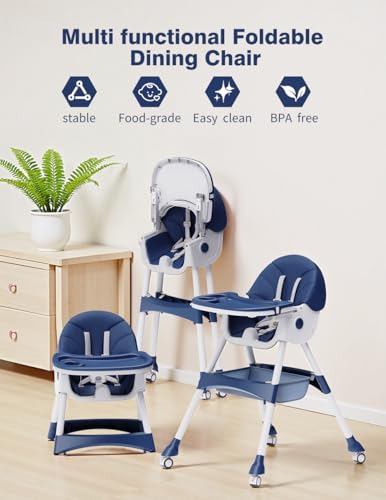 Image of High Chairs for Babies and Toddlers, 4 in 1 Convertible Baby High Chair, Portable High Chair for Travel with Adjustable Height and Back, Foldable HighChair with Wheels& Pu Cushion
