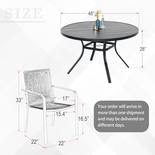 Image of Anmutig 7-Piece Outdoor Patio Dining Set, 6 Stackable Chairs & 48-inch Round Weather-Resistant Table with Umbrella Hole for Lawn, Deck, Backyard, Black