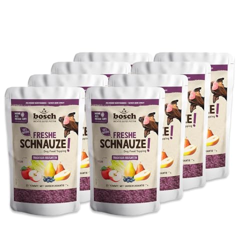 Bosch Freshe Schnauze - fruchtiger Obstgarten 8 x 200 g | Topping für Hundefutter | Für Trockenfutter und Nassfutter geeignet | mit frischen Äpfeln, Birnen & Blaubeeren