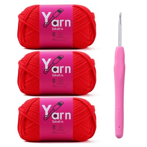 Image of Crochet Yarn 150g /163.5yds Cotton Yarn for Crocheting - Crochet Knitting Yarn for Beginners with Easy-to-See Stitches - Yarn for Crocheting - Parfait Chunky Yarn -Cotton-Nylon Blend (Crimson)