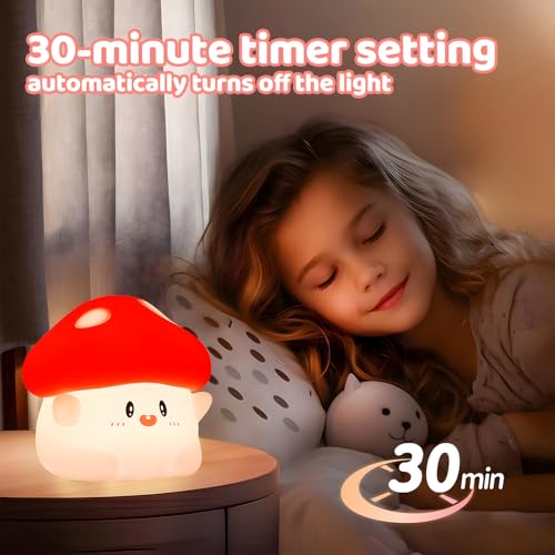 Image of Mushroom Night Light, Squishy Silicone Lamp for Kids, Tap Control, 2 Brightness Levels, 50H Battery, Auto Timer, Bedside Nursery Desk Decor