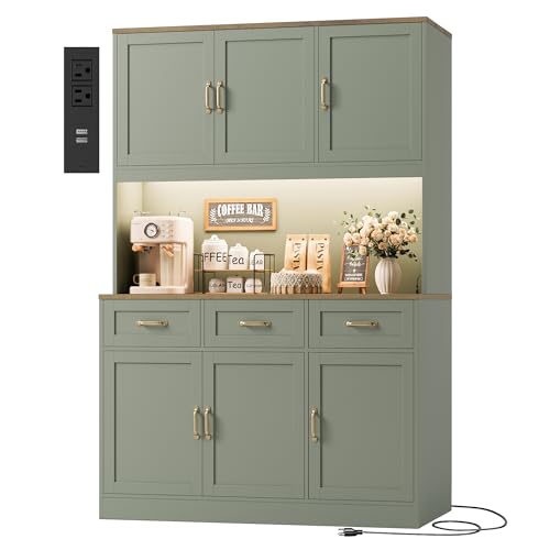 Image of HOSTACK Kitchen Pantry Storage Cabinet, Tall Kitchen Hutch Cabinet, Green | 47 inchW Food Pantry Cabinet with Smart LED / Charging Station / Countertop / 3 Large Drawers, 72 inchH Storage Hutch for Dining Room