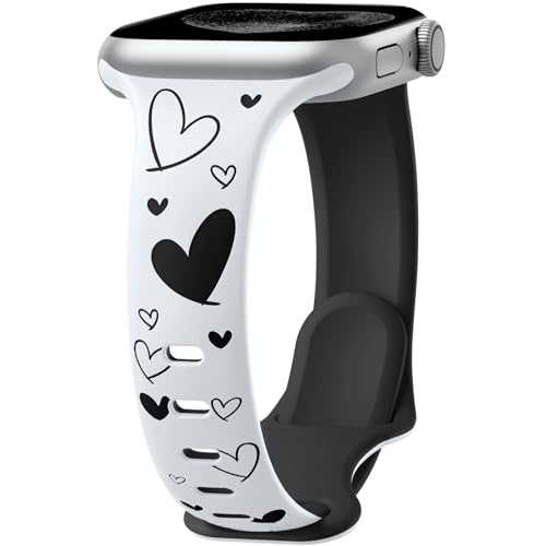 Lerobo Slim Thin Two-Tone Compatible with Apple Watch Band 40mm 38mm 41mm 42mm 44mm 45mm 46mm 49mm for Women- Soft Cute Flower/Heart Engraved Sport Band for iWatch Series 11 10 9 8 7 6 5 4 3