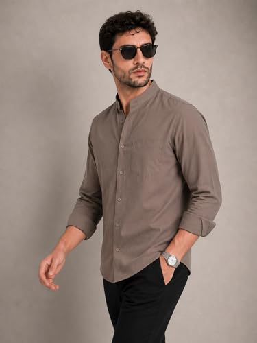 Image of Veirdo Men's Stylish Solid Casual Shirt | Chinese Collar Pure Cotton | Available in Black, Brown, Rust, Olive, White & Navy | Sizes S to XXL