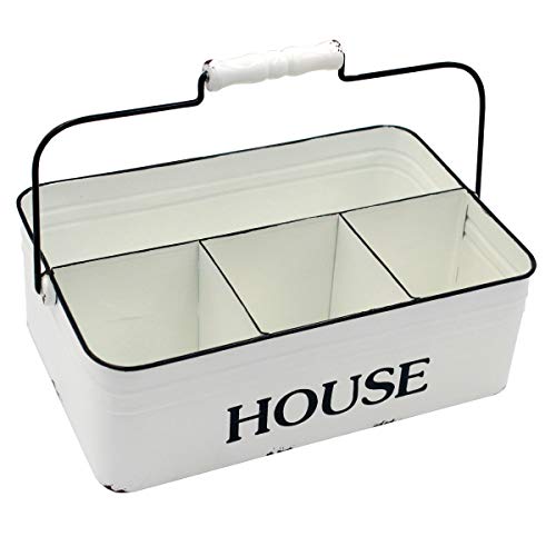 Distressed White Metal Silverware Caddy, Flatware, Party Cutlery Desk Organizer with 4 Compartments