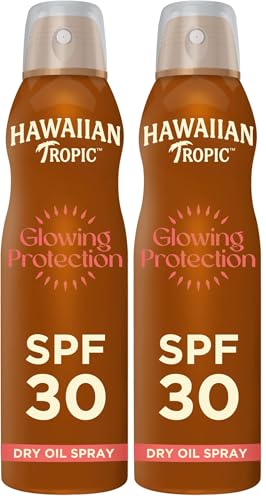 Image of Hawaiian Tropic Glowing Protection Sunscreen Dry Oil Spray Mist, Water Resistant SPF 30 UVA plus UVB Protection Sunscreen Spray, Tropical Scent Sun Lotion with Island Botanicals, 180 ml (Pack of 2)