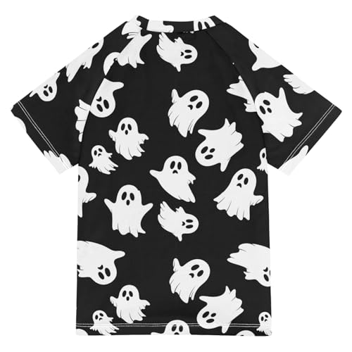 Boys Rash Guard Short Sleeve UPF 50+ Ghostly White Figures on Black Quick Dry Swim Shirts Swimwear for 3-12Y2