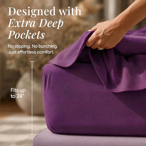 Image of Tribeca Living Triple Brushed Soft Cotton Flannel Sheets Set, Cal King Size 170-GSM Weight Extra Deep Pocket Sheet in Solid Purple Color