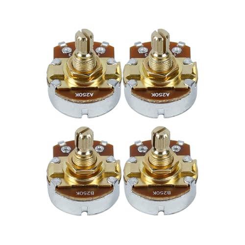 FLEOR A250K+B250K Full Size Guitar Tone Volume Pots 18-Spline Short Brass Split Shaft Audio Taper Potentiometer with Bayonet Tip,Pack of 4